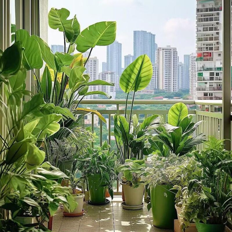 Urban jungle, love for plants concept. Interior of cozy home garden with fresh green monstera houseplant, natural home decor. Bright daylight, boho chic aesthetic