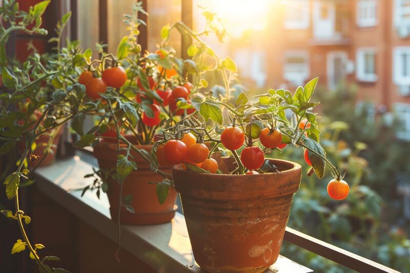Vibrant red tomatoes thriving in a terracotta pot on a sunny balcony, showcasing urban container gardening.