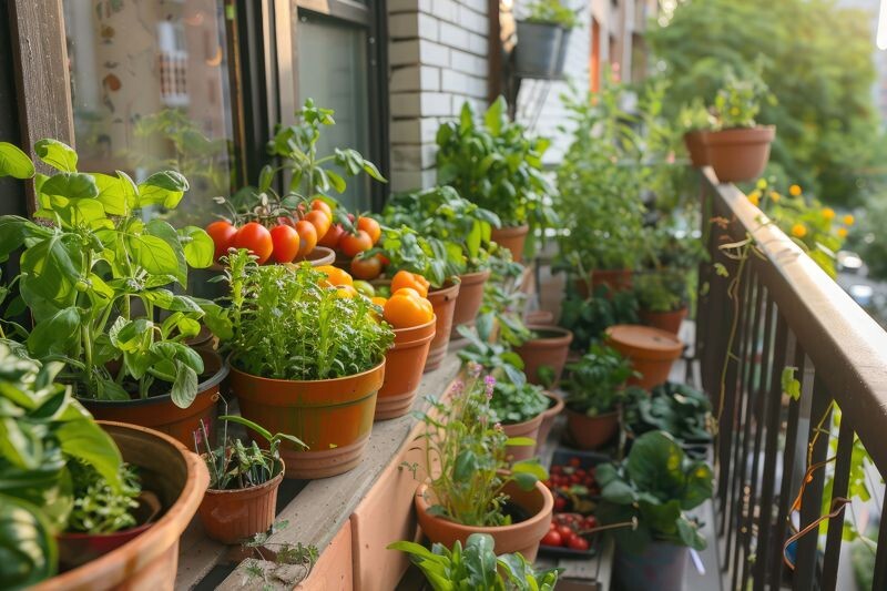 Vibrant red tomatoes thriving in a terracotta pot on a sunny balcony, showcasing urban container gardening.
