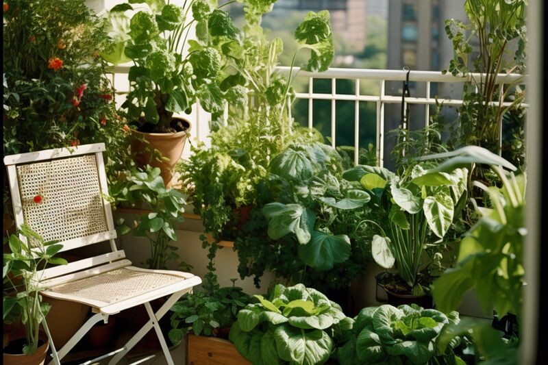 Vibrant red tomatoes thriving in a terracotta pot on a sunny balcony, showcasing urban container gardening.